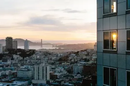 San Francisco city skyline is seen from The Four Seasons Hotel San Francisco At Embarcadero.